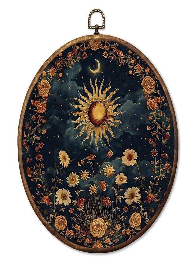 HUGANE Vintage Celestial Floral Sun Moon Round Wall Art Decor, Boho Mystical Dark Cottagecore Botanical Hanging Canvas Framed Prints Wall Sculptures for Home Bedroom Living Room Decor, 10x10 Inch - Image 1